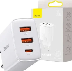 Baseus Ładowarka Ładowarka sieciowa Baseus Compact Quick Charger 2xUSB USB-C PD 3A 30W biała BSU2896WHT