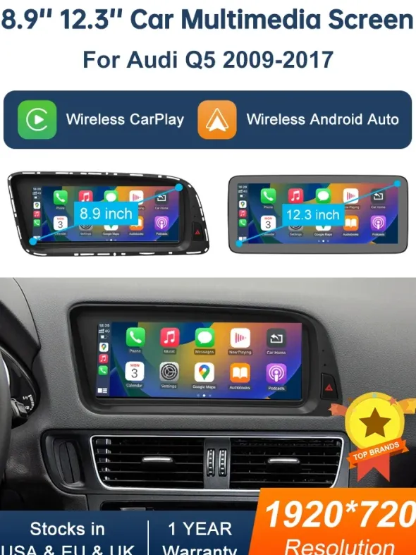 8,9-calowy dotykowy ekran multimedialny Road Top do Audi Q5 2009-2017 z funkcją Airplay, Miracast, bezprzewodowym Carplay i Android Auto